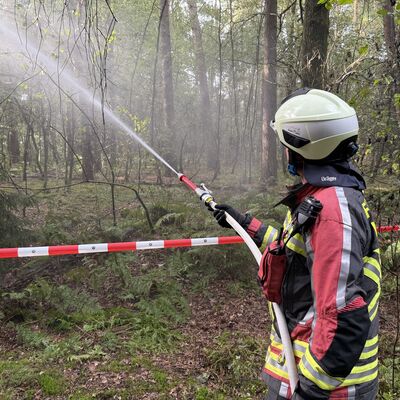 Rund 80 Kameradinnen und Kameraden der Feuerwehren Ibbenb&uuml;ren und H&ouml;rstel probten am Samstagvormittag im Teutoburger Wald den Ernstfall: das Vorgehen im Falle eines Waldbrandes. (Foto: Stadt Ibbenb&uuml;ren / Max Bertemes)